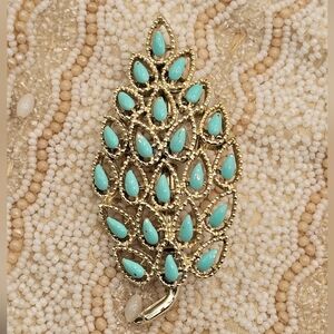 Gerry's Turquoise Enamel Gold Tone Leaf Brooch